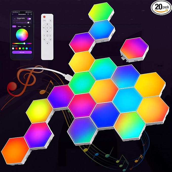 Hexagon LED Light Wall Panels – RGB Smart Gaming Light with App, Remote and Music Sync, Modular Gaming Wall Decor for Bedroom, Game and Living Room(20-Pack)