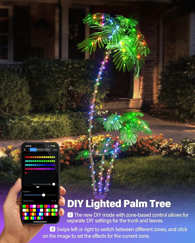7FT Smart Lighted Palm Tree - App & Remote RGB LED with Music Sync, 3 Trunks DIY Color Changing Artificial Palm Tree, Dimmable Timer Pre-Lit Faux Tree for Outdoor Patio Poolside Tiki Bar Party Decor