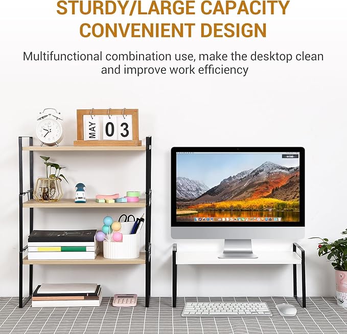 YGYQZ Wood Office Desk Shelf Organizer - Desktop Supplies Cute Dresser Top Organization Storage Rack and Cubicle Decor Aesthetic Bookshelf for Women Man and Kids (Black White-Single Tier)