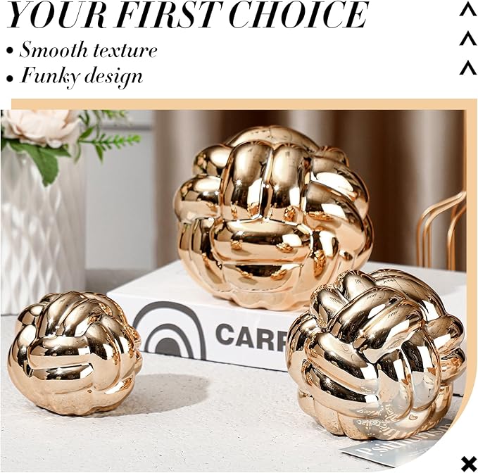 Wenqik Gold 3 Pcs Knot Decor, Chain Link Coffee Table Bookshelf Decor Accents, Entry Table Ceramic Aesthetic Minimalist Decorative Objects for Modern Home Living Room Decoration 3 Sizes