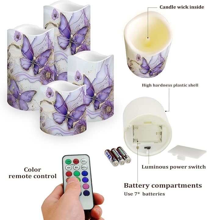 Purple Butterfly LED Pillar Candles Bulk Set of 4 with Timer Remote Color Changing Electric Fake Candles for Home Decorations