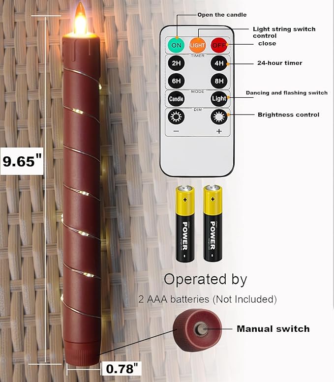 Danip Christmas red flameless Candle with String Light Window Candles with Remote Timer Battery Operated Taper Candle LED Pillar Candles Set of 6