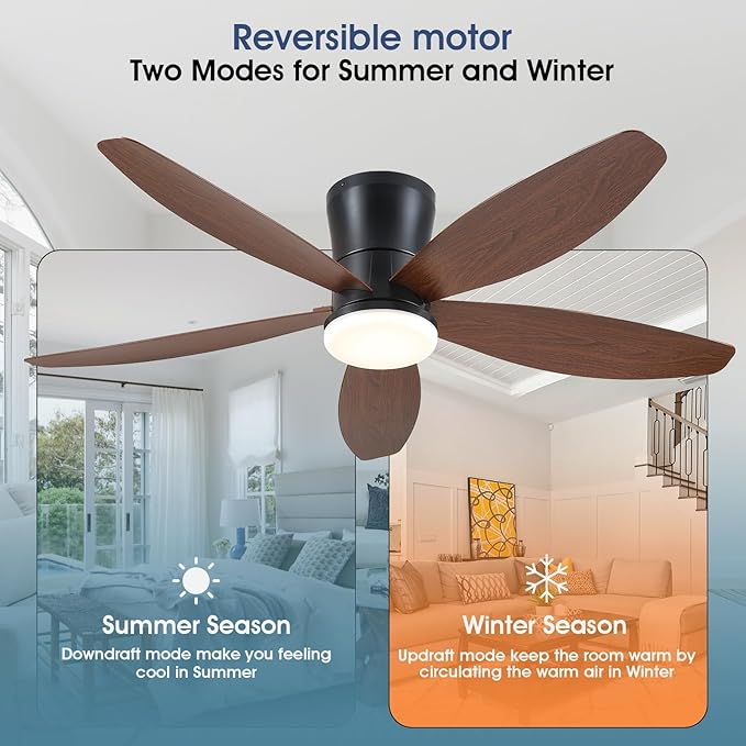 48" Ceiling Fans with Lights-Low Profile Ceiling Fan with Light and Remote/APP Control,Flush Mount,LED Dimmable Modern Ceiling Fans for Bedroom,Indoor/Outdoor Patio Use(Brown)