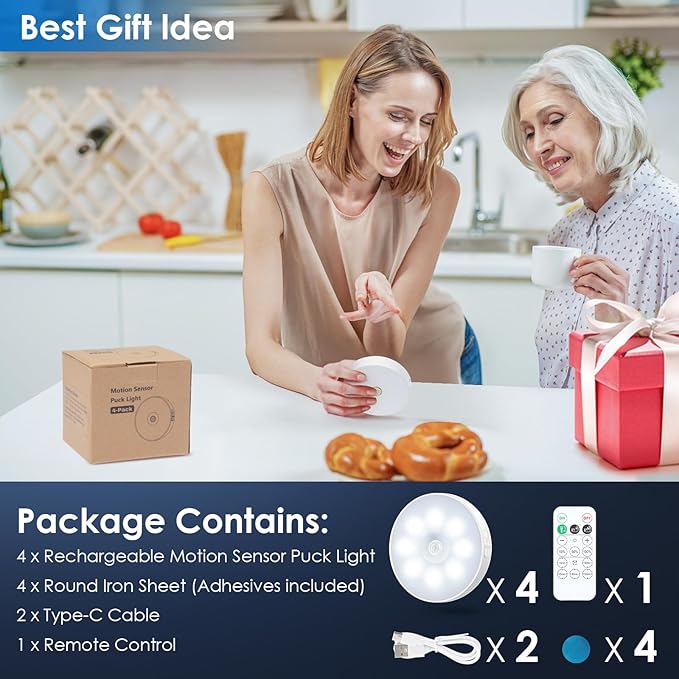 Motion Sensor Puck Light with Remote, Wireless Dimmable Under Cabinet Lights, Rechargeable Magnetic Closet Light, Stick on Night Light, 4-Pack