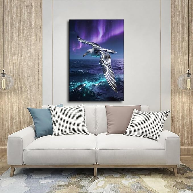 Framed Steampunk Mechanical Seagull Wall Art - Aurora Ocean Retro Poster for Bedroom Game Room Decor 24x36inch(60x90cm)