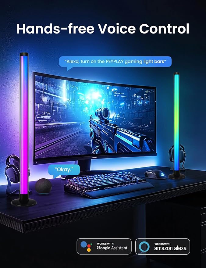 RGB+IC Ambient LED Light Bars for Gaming Room, PC, and Home Décor, USB Powered Mood Lighting with Music Sync, Alexa, App & Voice Control, Adjustable Brightness, DIY Effects