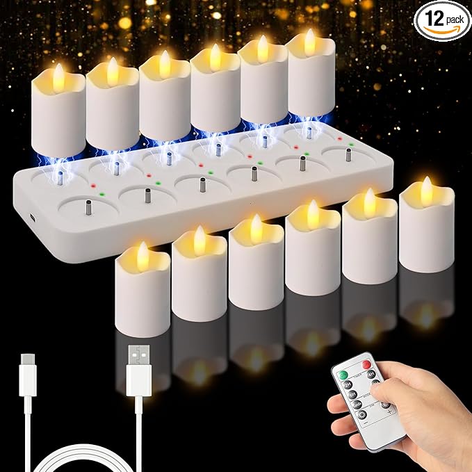 Rechargeable Flameless Tea Lights Candle,12 Pack 1.5" x 2.6" Battery Operated Led Votive Flickering Candle with Remote Timer & Charging Base for Decoration Parties, Weddings