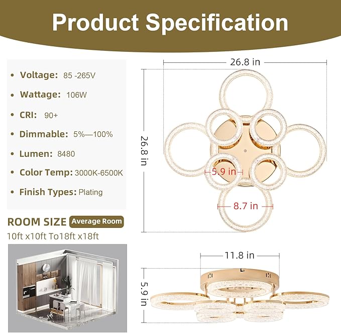 OKELI Modern Ceiling Light, 8 Rings 26.8'' Dimmable LED 106W Flush Mount Ceiling Lights with Remote Acrylic Crystal Round Ceiling Light Fixture, Bedroom Living Room Dining Room, Gold