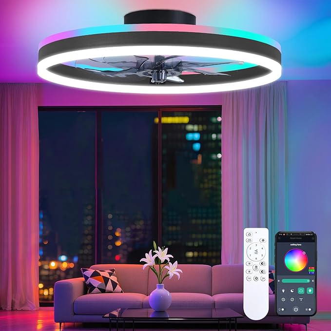 16 Inch RGB Low Profile Ceiling Fans with Lights, Modern Flush Mount Fandelier Chandelier Fixture, Remote & APP Control, Black LED Ceiling Fan Light for Bedroom, Living Room, Kitchen Indoor