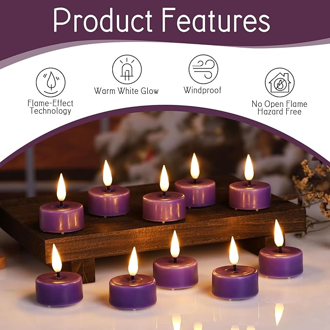 Eywamage Purple Flameless Wax Tealights with Remote Batteries, Flickering LED Tea Votive Candles Set of 10