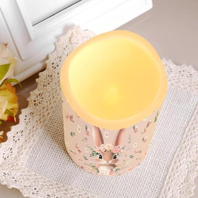 Cute Bunny Pink Floral Plastic Flameless Candles with Remote Control and Timer LED Flickering Battery Operated Color Changing Electric Pillar Candles Easter Decoration
