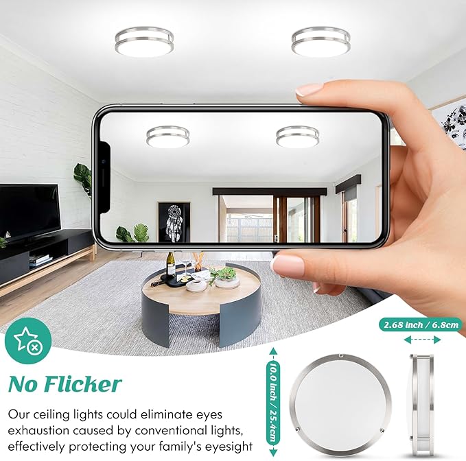 Brightever 10 Inch LED Ceiling Light Fixture, 30W 4000LM Modern Flush Mount Ceiling Lamps Dimmable, 2700K-6500K Adjusted Super Bright Bedroom Ceiling Lights for Kitchen Hallway, Brushed Nickle, 2-Pack