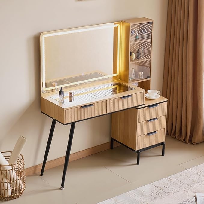 Vanity Desk with Mirror and Lights,Makeup Vanity with 2 USB Power Strip,3 Lighting Modes Adjustable Brightness, Foldable Three-Sided Mirror (ALIQWERY-005)