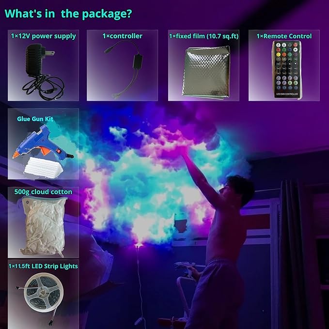 Cloud LED Lights for Ceiling. 3D Thunder Clouds Light Music Sync LED Storm Cotton Kits with Multicolor Changing Strip. Thundercloud DIY Set for Gaming Room & Basement décor 11.5 Ft