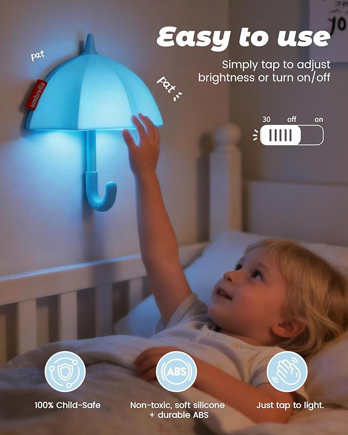 Kids Night Light Umbrella, Silicone Tap Control Magnetic Bedside Lamp with Time Auto-Off, Cute Portable LED Nursery Light for Baby, Toddler, Bedroom and Keychain Holder