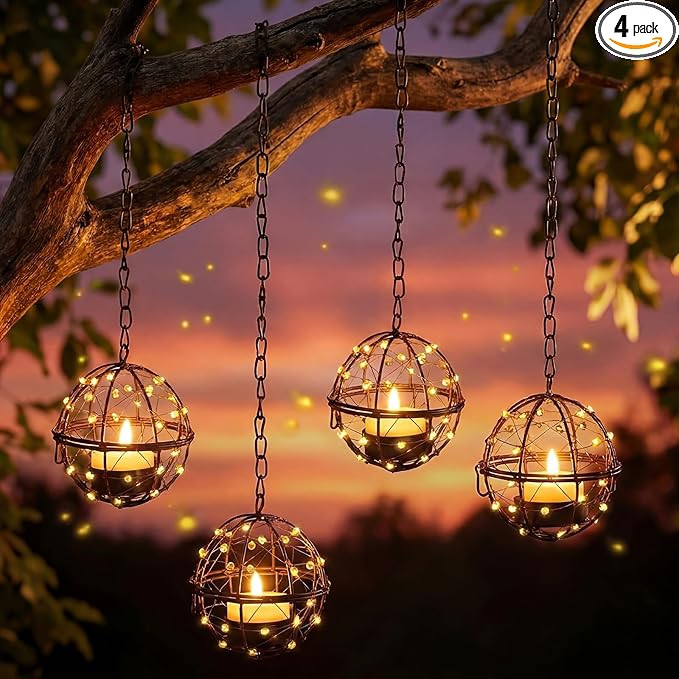 VIHOSE 4 Pack Solar Lanterns Outdoor Waterproof, Hanging Solar Lights Iron Ball with Flashing Tea Wax, Decorative Rechargeable Lamp for Backyard Terrace Garden Fence Tree Decoration