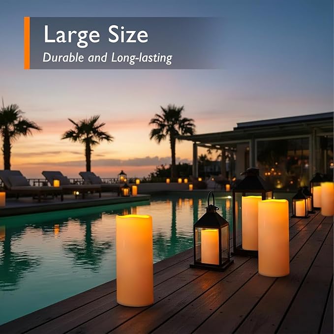 Homemory 12" x 5" Large Waterproof Outdoor Flameless Candles with Remote Control and Timer, Battery Operated Flickering LED Pillar Candles for Outdoor Larterns, Porch, Long Lasting, Set of 4