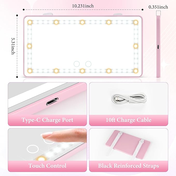 SINGARO Car Sun Visor Vanity Mirror - Rechargeable Makeup Mirror with 60 LEDs, 3 Light Modes & Dimmable Touch Control for Cars, Trucks, SUVs, Car Interior Accessories for Women (Pink)