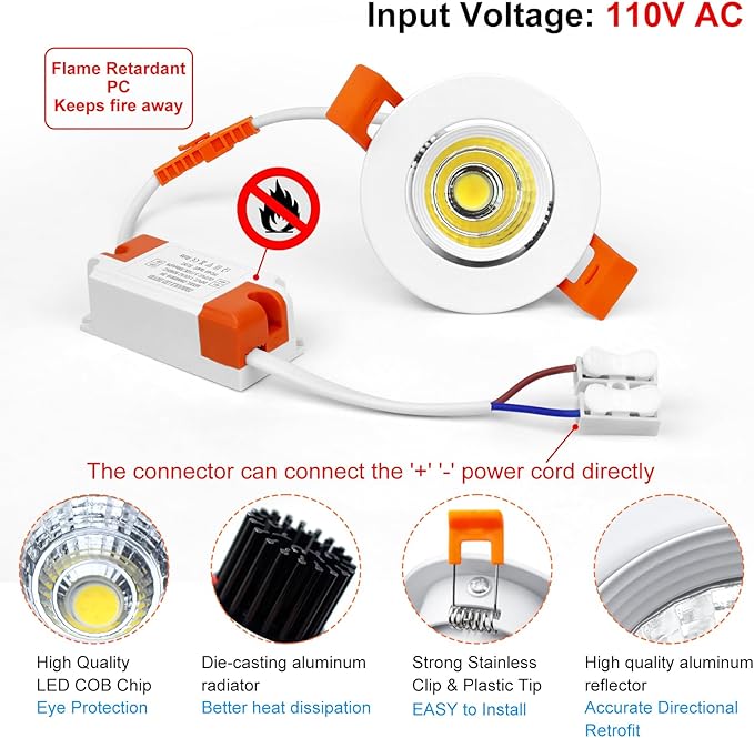 inShareplus 2 Inch LED Downlight, 3W Recessed Lighting COB Dimmable, 5000K Daylight White, CRI80, Ceiling Lights with LED Driver, 6 Pack