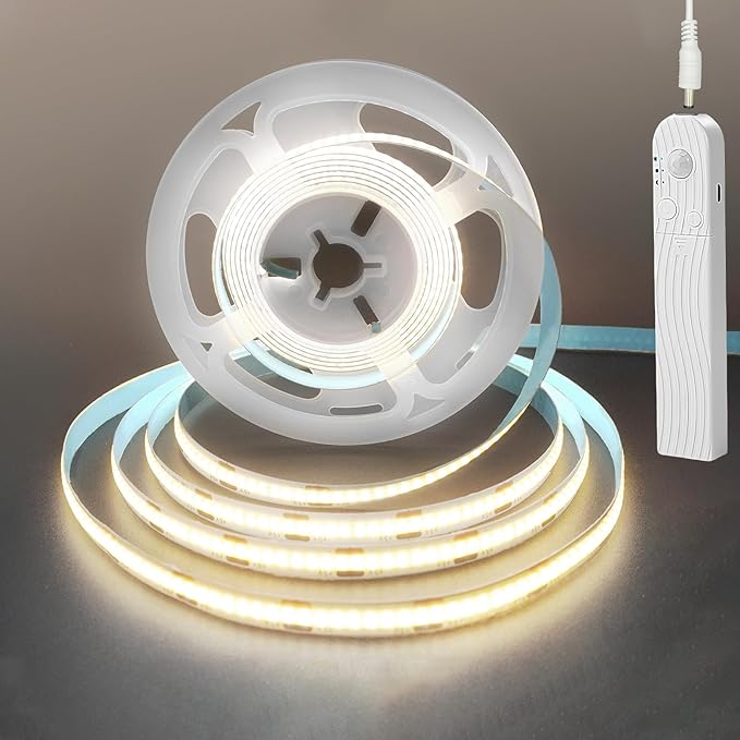 5V Motion Sensor Dimmable USB Rechargeable COB LED Strip Lights,Built-in 1500mAh Battery,Three Modes,9.84FT/3M,Natural White 4000K,320LEDs/M,Night for Closet,Wardrobe,Bed,Stairs,Kitchen