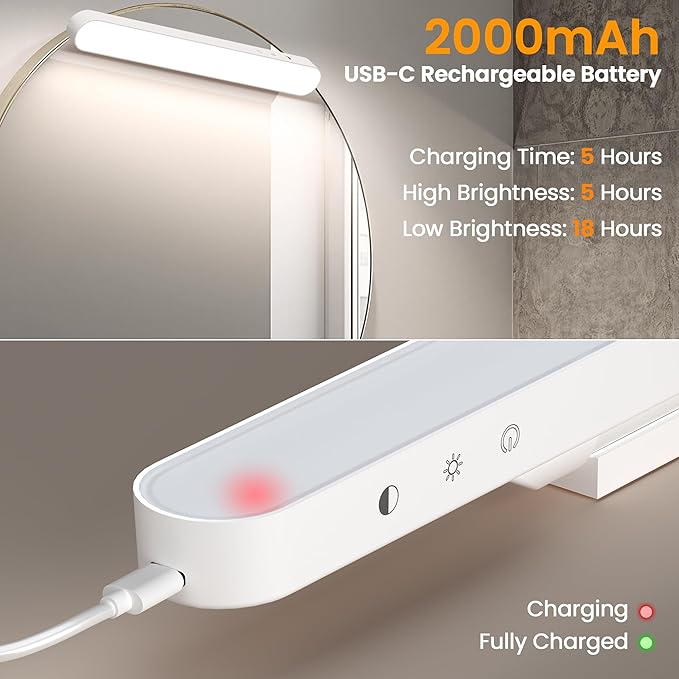 2 Pack Wireless Makeup Light Bar, Rechargeable Vanity Lights for Mirror with 3 Color Modes, Bathroom Magnetic Stick on Mirror Light, Gift for Women