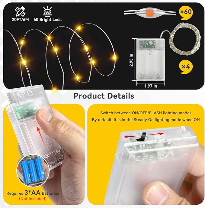 LitHome 4 Pack Warm White Fairy Lights Battery Operated, 20 FT 60 LED Twinkle Lights Battery Operated 2 Modes, Waterproof Led Fairy String Light for Indoor Outdoor Christmas Wedding Bedroom Decor