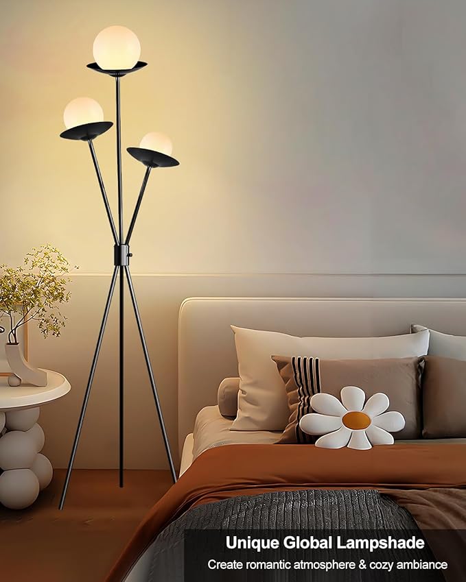 3 Globe Dimmable Tripod Floor Lamp, Mid Century Tree Floor Lamps with 3Pcs 3000K Bulbs Included, Modern Standing Tall Lamp for Living Room Bedroom Home Office Corner-Black