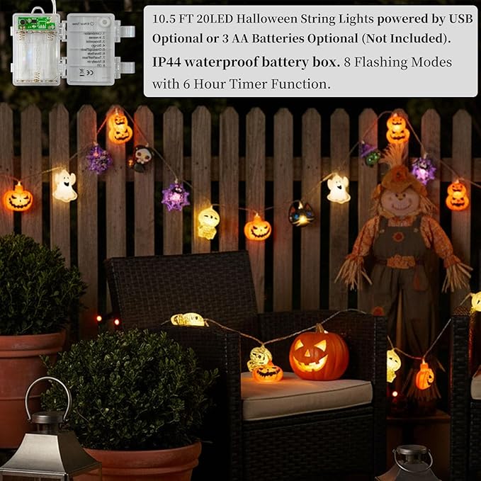 Halloween String Lights, 10 FT 20 LED Fall Fairy Lights USB & Battery Optional Halloween Decor Autumn Light 8 Flashing Modes Cute Skull String Lights 2025 Indoor Outdoor Decor for Home Yard Patio
