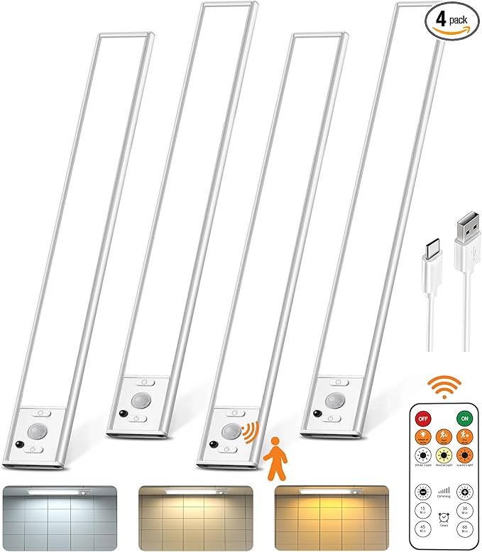 9inch Under Cabinet Lighting with Remote, Rechargeable LED Motion Sensor Light Indoor, Closet Lights Wireless, 3 Color Temps & Dimmable, Magnetic Under Counter Lights for Kitchen, Stairs, 4 Pack
