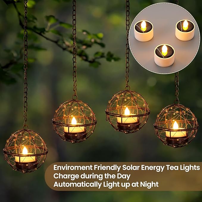 VIHOSE 4 Pack Solar Lanterns Outdoor Waterproof, Hanging Solar Lights Iron Ball with Flashing Tea Wax, Decorative Rechargeable Lamp for Backyard Terrace Garden Fence Tree Decoration