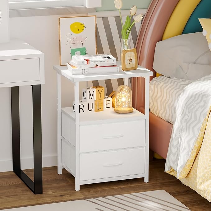 Fixwal White Night Stand with Charging Station, Bedroom Nightstand with Fabric Drawers, Bedside Table with PU Finish