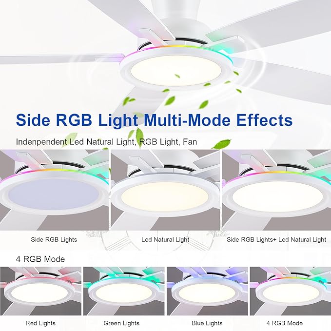 Flush Mount RGB Ceiling Fan with RGB Light - 52In White Ceiling Fan Light with Reversible Mute Motor, 3CCT LED Dimmable, Low Profile Modern Ceiling Fans for Indoor, Party, Living Room