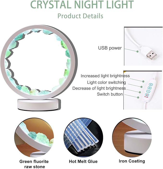 Runyangshi Natural Crystal Green Fluorite Round White Frame Tri-Color Ambient Light Home Decoration Night Light Mother's Day Gift