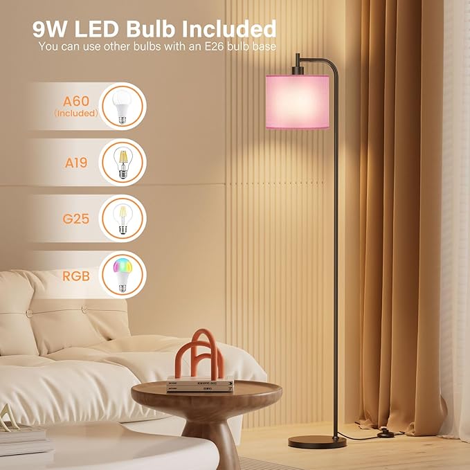 Floor Lamp with Linen Shade, Dimmable Tall Standing Lamp with Remote Control & 3 Color Temperatures, Modern Corner Floor Lamps for Living Room Bedroom Office, 9W LED Bulb Included