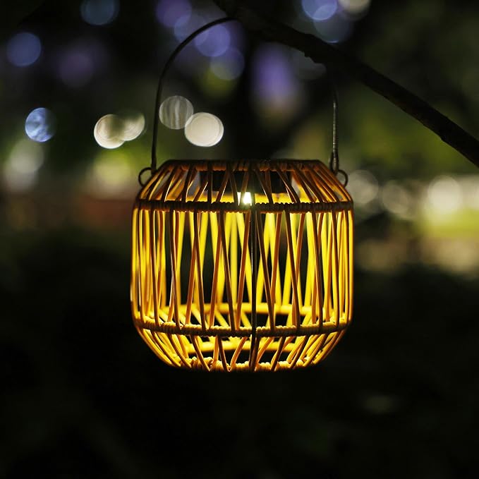 Solar Outdoor Rattan Lanterns, Decorative Hanging Lights for Patio Garden Backyard（Two Pack）(Style 1)