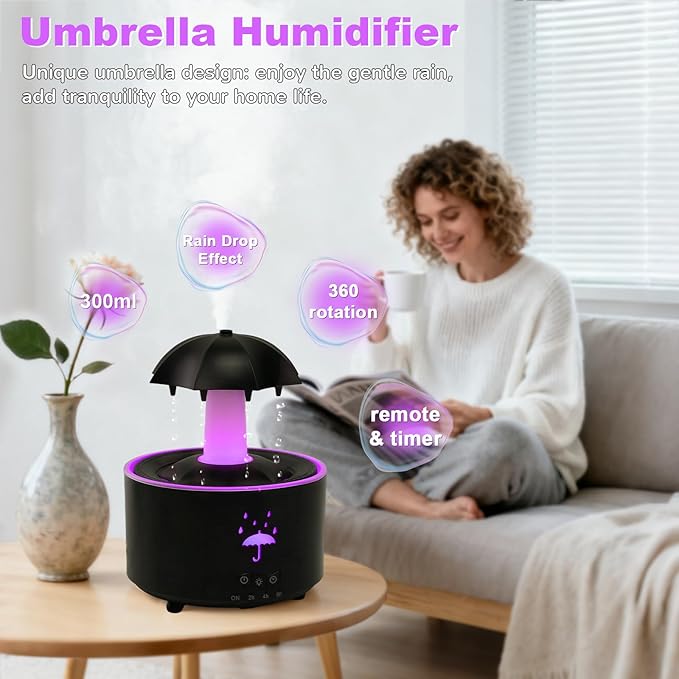 Rain Humidifier Oil Diffuser, Raindrop Essential Oil Aromatherapy Diffuser for Bedroom, 360° Rotating Raindrop & 7 LED Mood Lights, Auto Shut-Off, Quiet Cool Mist Humidifier for up to 24 Hrs