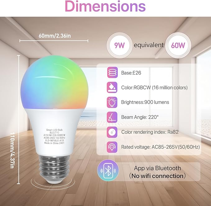 ORALUCE Bluetooth Smart Light Bulb A19 E26,9W LED Light Bulb Color Changing APP Dimmable, 60W Equivalent RGBCW LED Bulb 900 Lumens Multicolor,1P (No WiFi Connection)