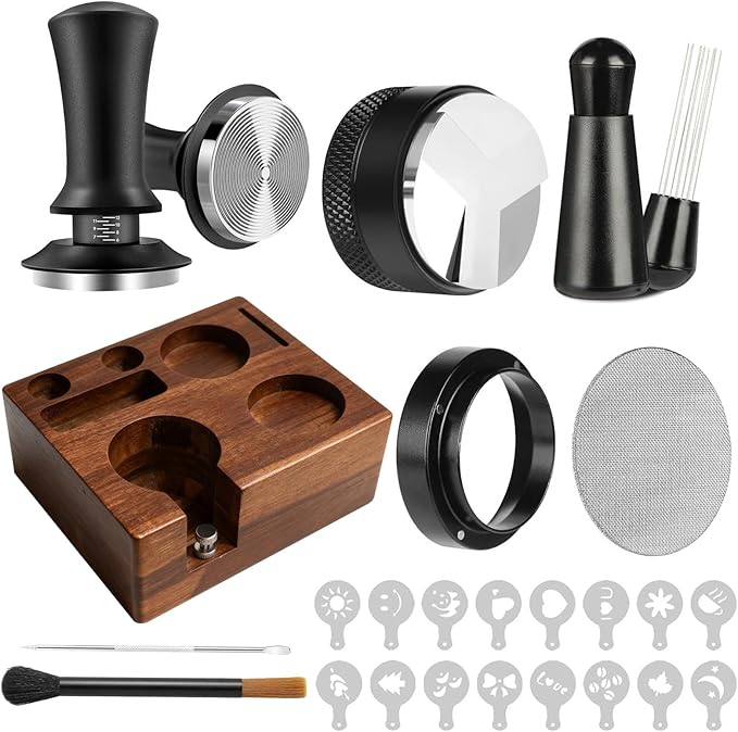 9 Pcs Espresso Accessories Kit, 51mm Espresso Tamper Tools, with Wooden Espresso Tamping Station, Distributor, Stirrer, Dosing Funnel,Puck Screen, Brush, Latte Art Pen and Decorative Stencils