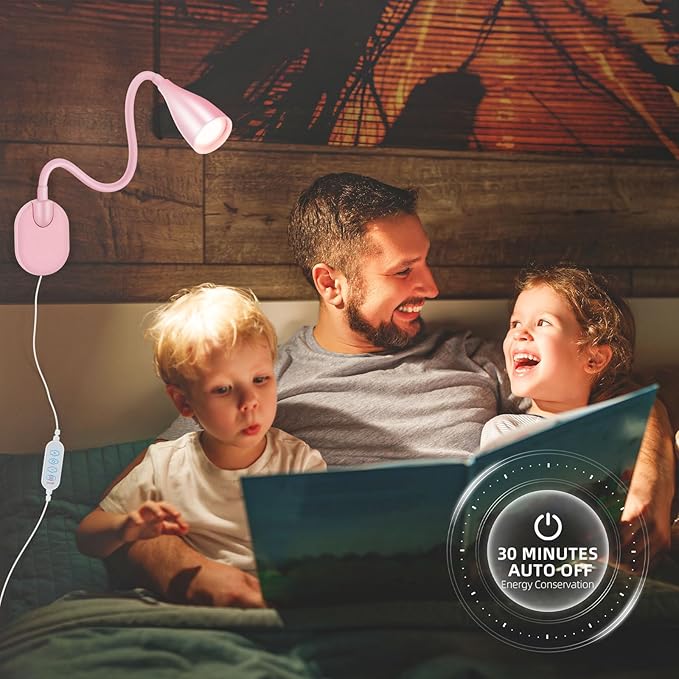 Wall-Mounted LED Bedside Reading Light with USB Charging Port, 10-Level Dimmable & Adjustable 5 Color, Plug-in Adhesive Night Lamp for Books in Bed, Eye-Caring Bedroom Lighting (Pink)