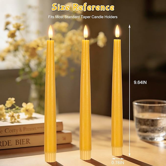 Yellow Flameless Taper Candles with Remote, 9.6 Inches Real Wax Battery Operated Candles, 3 Pack Flickering LED Candlesticks, Tall Taper Fake Candles for Home, Wedding, Party