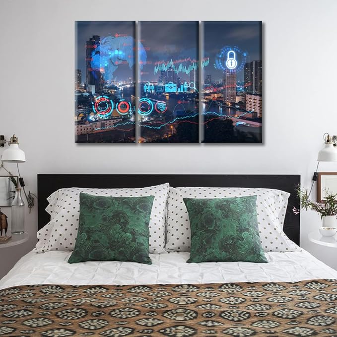 3 Panels City Night Scene as Background Hologram Paintings Modern Home Decor Smart City and Information Technology Abstract Canvas Paintings for Bedroom, Living Room Office Ready to Hang (36"Wx24"H)