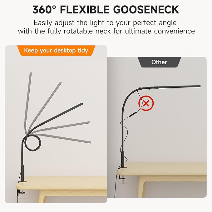 LED Desk Lamp with Clamp, Eye Caring Clip Light for Home Office, 3 Colors Stepless Dimming, Flexible Gooseneck Table Lamp with USB Adapter for Nail Reading Working Workbench Drawing Gaming (Black Pro)