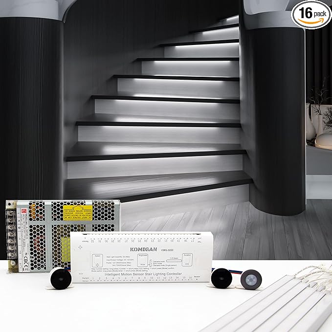 Motion-Activated Cascading Effect LED Stair Lighting Kit KMG-3233, 23.6" Aluminum Light Bar for Indoor Staircases (Cool White 6000K, 16 Stairs)