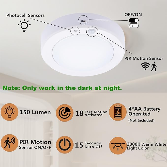 LIT-PaTH Battery Operated Motion Sensor LED Ceiling Light, 6.1inch Flush Mount Light Fixture 3000K, Wireless Nightlight for Closet Laundry Stair- Darkness Use Only, 4-Pack (Battery Not Included)