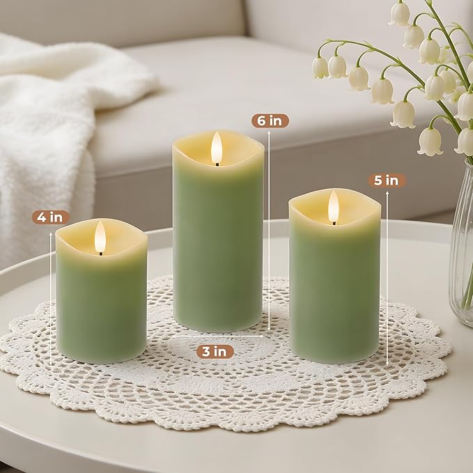 Green Flameless Candles with Remote and Timer, Real Wax Made LED Pillar Candles Battery Operated with 3D Flickering Flame Melted Edge, 3" x 4",5",6", Set of 3 (Pastel Green)