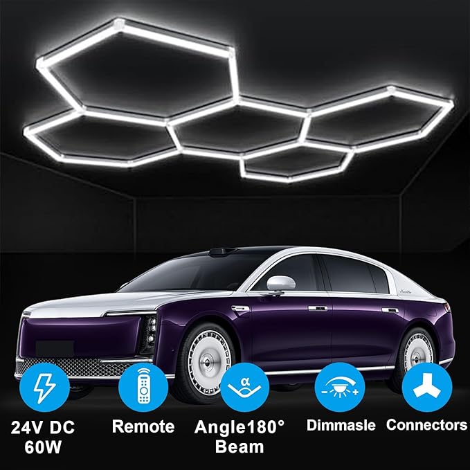 Garage Hexagon Lights, 60W 24V 6500K Higher Brightness Hex Garage Lights, Plug and Play, Lightweight DIY Assembly Hexagonal Light for Car Detailing Auto Beauty Shop Decor（with Remote Control）