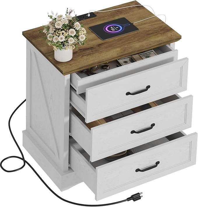 NightStand with Charging Station, Farmhouse 23.6" W Bedside Table with 4 Drawers, Night Stand for Bedroom, Home Office, White & Brown