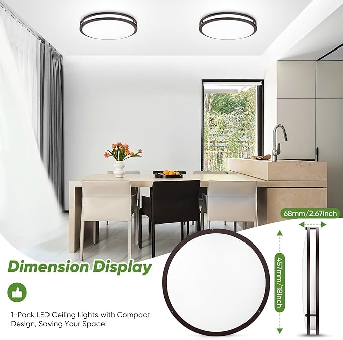 TOBUSA 18inch LED Flush Mount Ceiling Light, 50W 5600lm Bright Dimmable LED Light Fixture, 2700K-6500K Adjusted, Modern Oil-Rubbed Bronze Kitchen Light Fixture Ceiling for Living Room Bedroom, 1-Pack