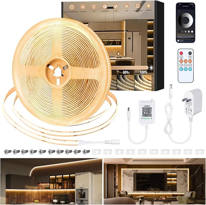 COB LED Strip Lights 32.8ft,3000K DC 24V Dimmable Warm White Flexible LED Lights Strip for Bedroom,with Remote and app Control LED Rope Lights for Living Room,Shelf,Cabine,Bed