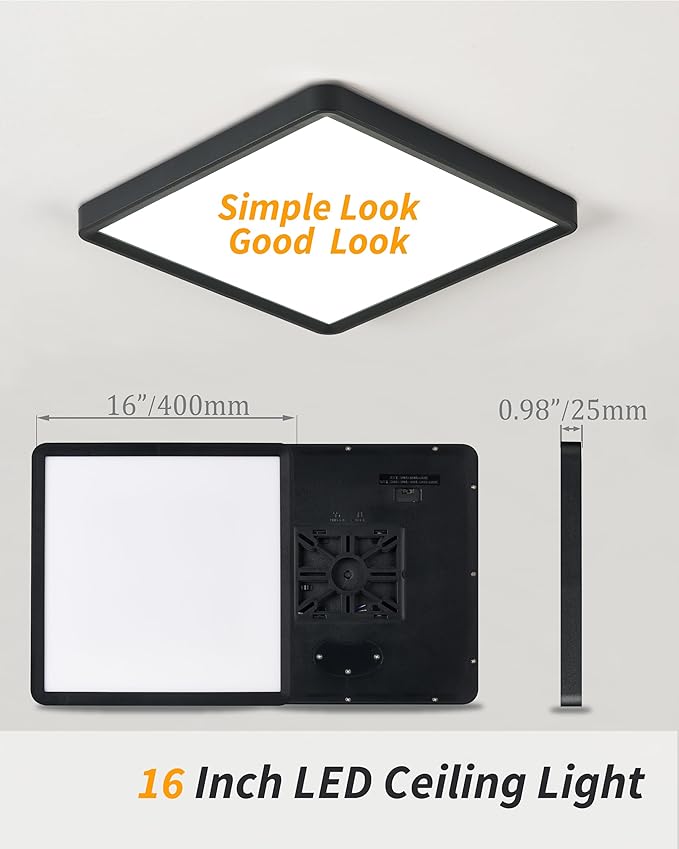 Square Led Flush Mount Ceiling Light,16 Inch 40w 3820lm led Light 3000k,4000k,6000k CCT Selectable,Flat Panel Super Slim Led Ceiling Light Fixture,for Living Dining Kitchen Bedroom Room (2Pack-Black)